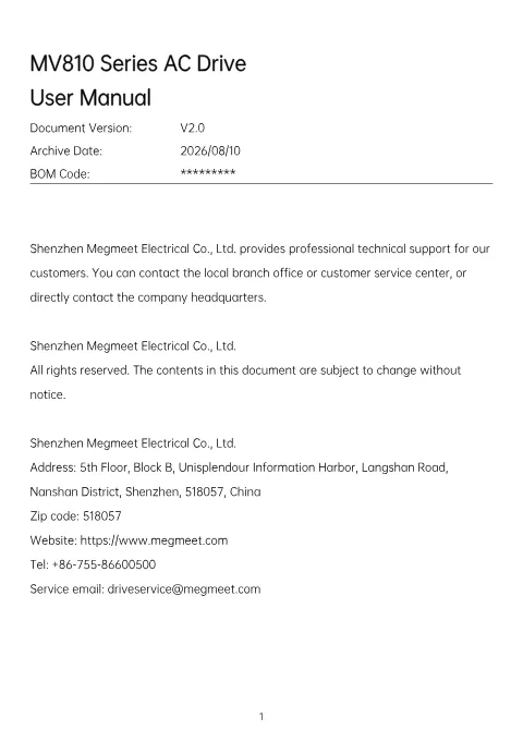 Trang bìa MV810 Series AC Drive User Manual