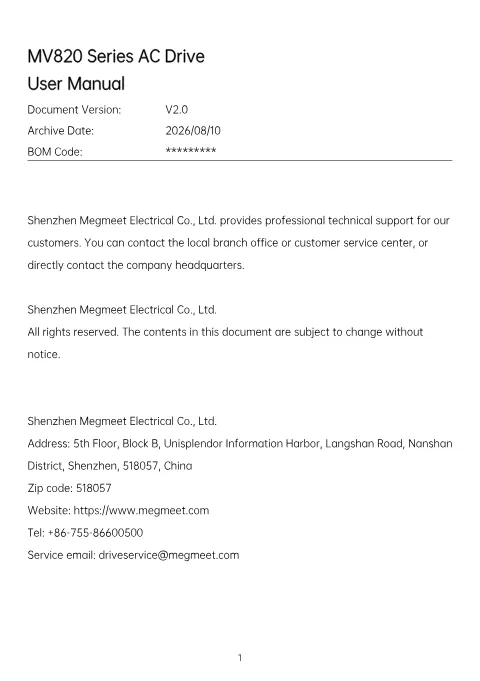 Trang bìa MV820 Series AC Drive User Manual