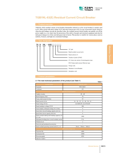Trang bìa Residual Current Circuit Breakers TGB1NL-63 Catalogue